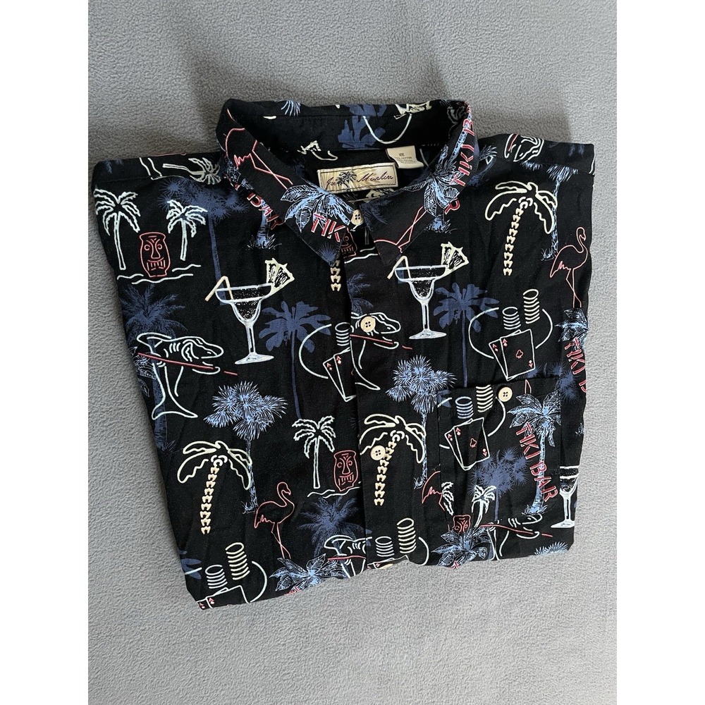 Joe Marlin Tiki Bar Themed Short Sleeve Shirt Button Up Sz 2xl Black